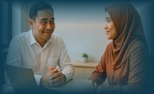 Pemimpin melakukan sesi coaching 1-on-1 dengan empati untuk mendukung karyawan dalam kerja hybrid.