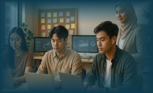 Karyawan Generasi Z menggunakan teknologi digital dalam lingkungan kerja modern sebagai bagian dari tantangan HR