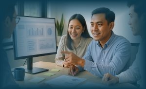 Tim kantor Indonesia berkolaborasi melihat dashboard analitik yang buram sebagai bagian dari rutinitas meningkatkan produktivitas harian dan self-learning.