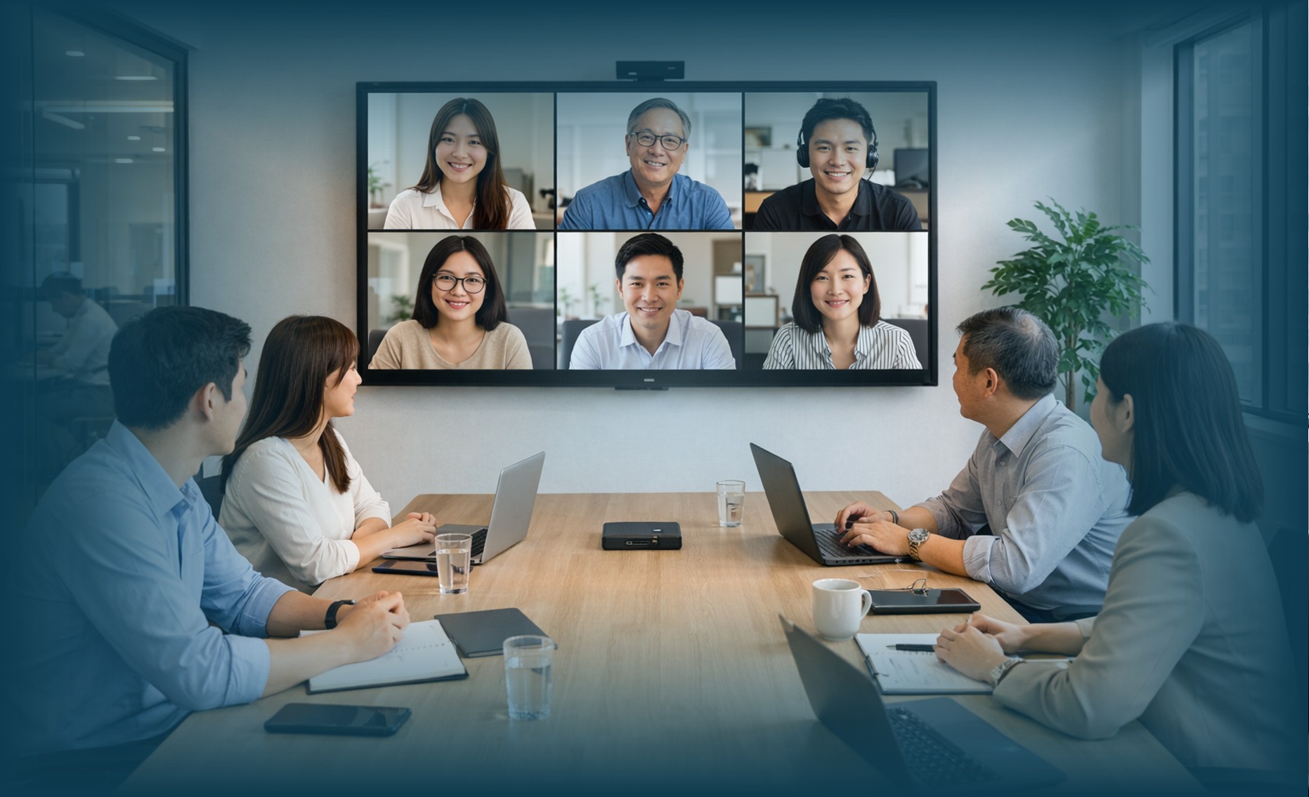 Hybrid meeting antara tim onsite di kantor dan peserta remote melalui video conference