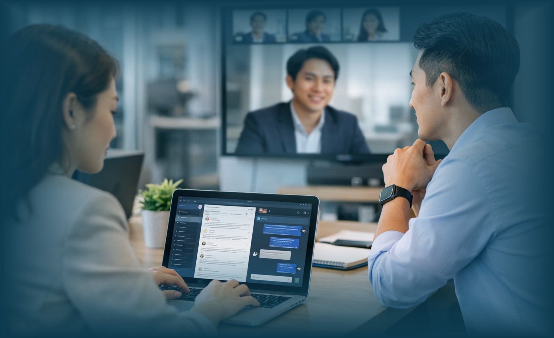 Ilustrasi komunikasi digital di tempat kerja melalui email, chat, dan meeting online