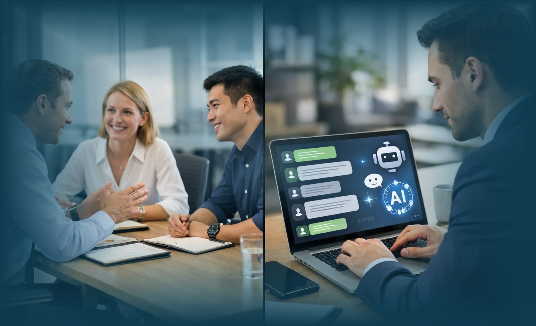 Ilustrasi perubahan komunikasi kerja dari rapat tatap muka ke chat dan chatbot di kantor modern