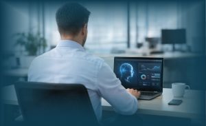 Ilustrasi produktivitas kerja karyawan dengan bantuan AI di lingkungan kantor modern