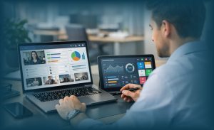 Ilustrasi teknologi pembelajaran karyawan seperti LMS, microlearning, dan AI untuk mendukung belajar mandiri